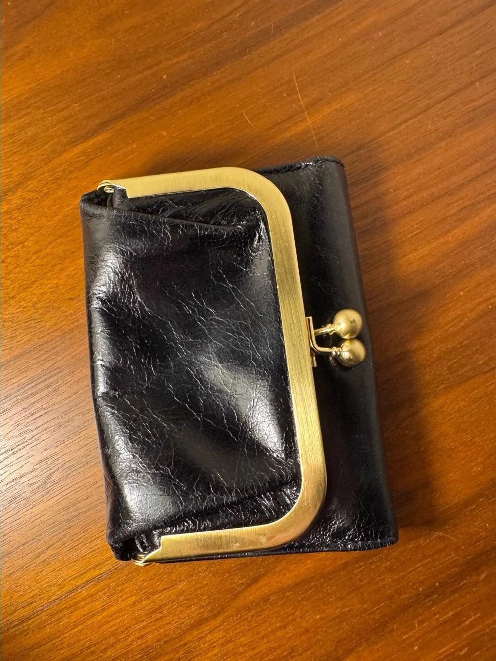 Hobo Robin Compact Wallet in Black Polished Leather